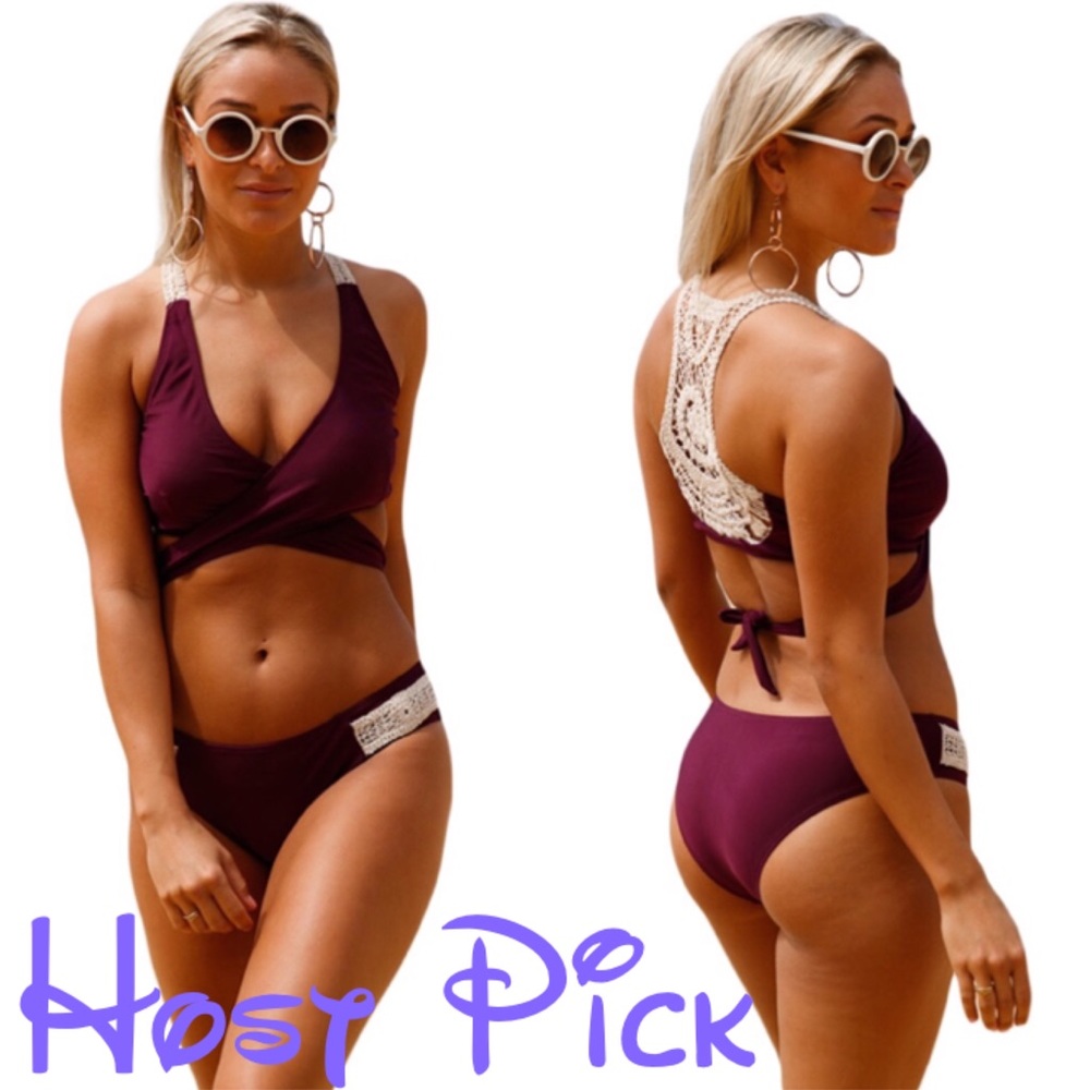 Wine Red Crisscross Tie Bikini With Crochet Back